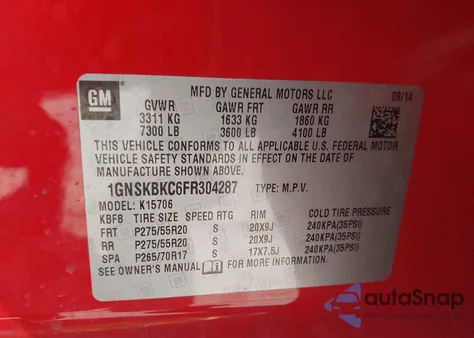 2015 Chevrolet Tahoe Lt из США, поврежденный, VIN 1GNSKBKC6FR304287